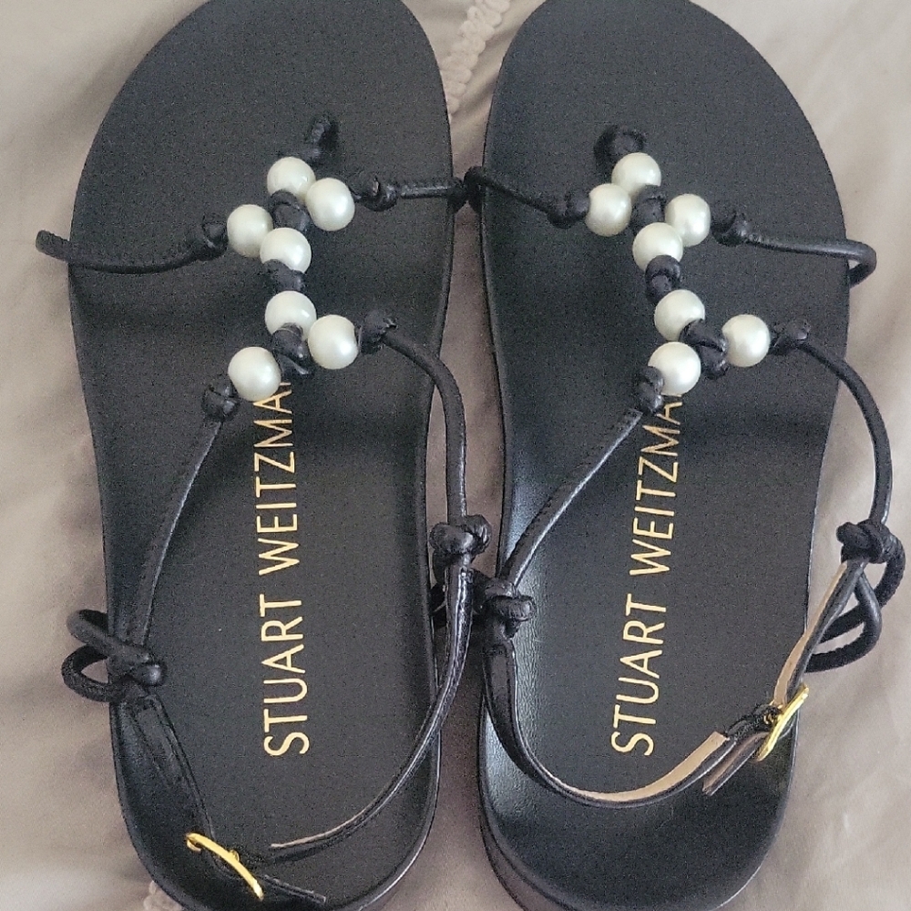 Stuart Weitzman Black Sandals with Pearl Accents